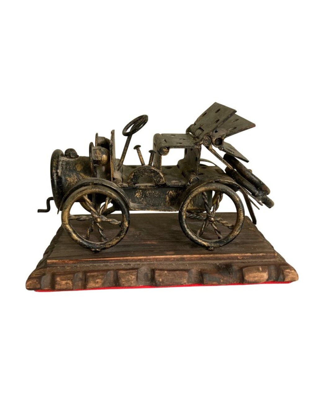 Vintage Chippy Rusty Metal Model Car Sculpture On Wooden Base Lobeco Spain